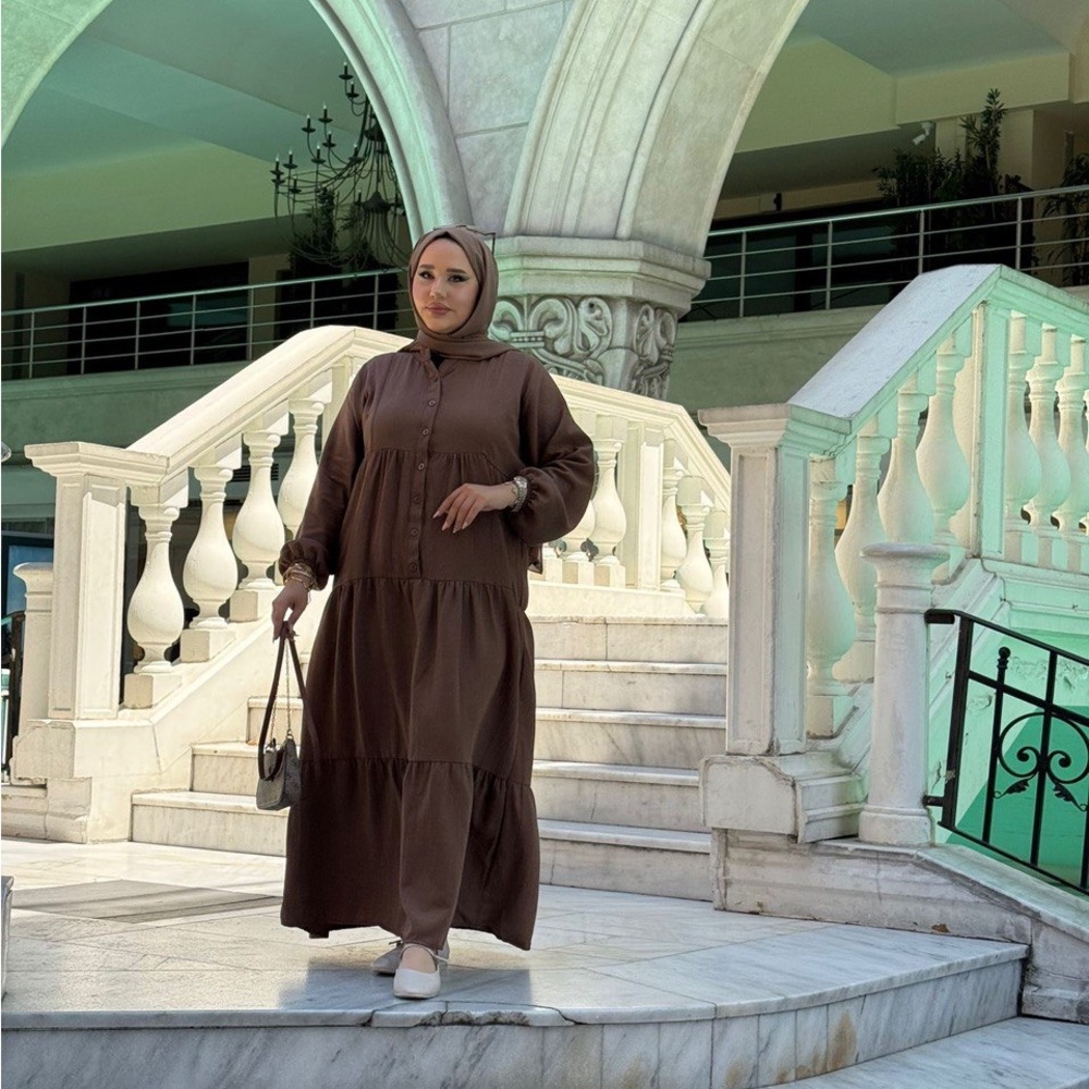 Brown Mock Neck Bishop Sleeve Dress